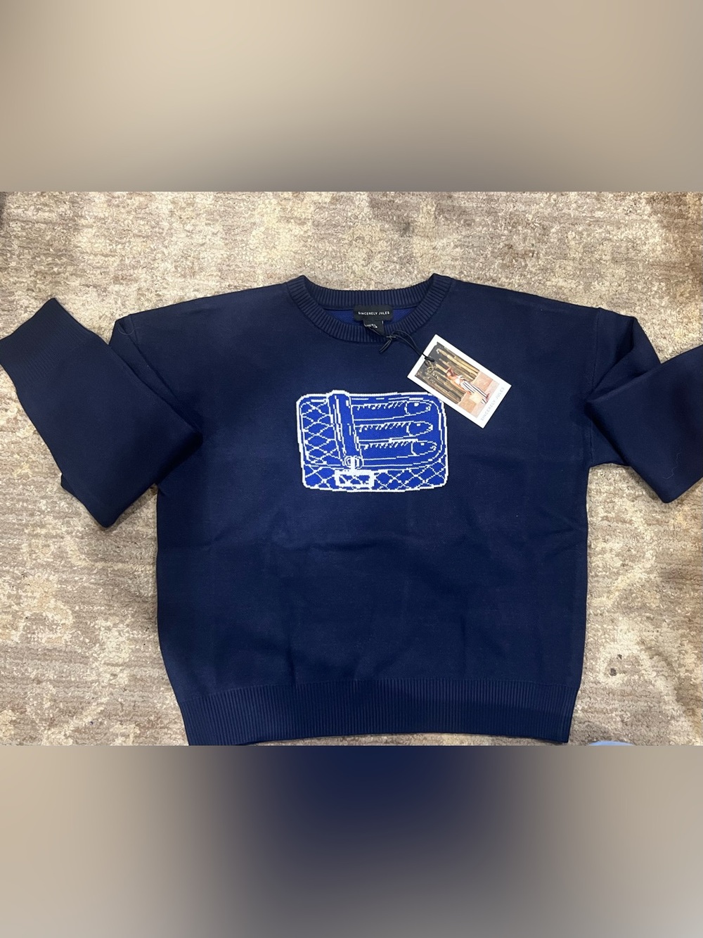 Sincerly Jules Navy Crewneck Sweater with Blue and White Graphic Patch